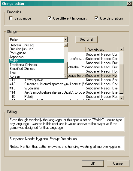 Screenshot of editing tool entering entirely new languages into the game to show the ability to create content for less commonly taught languages